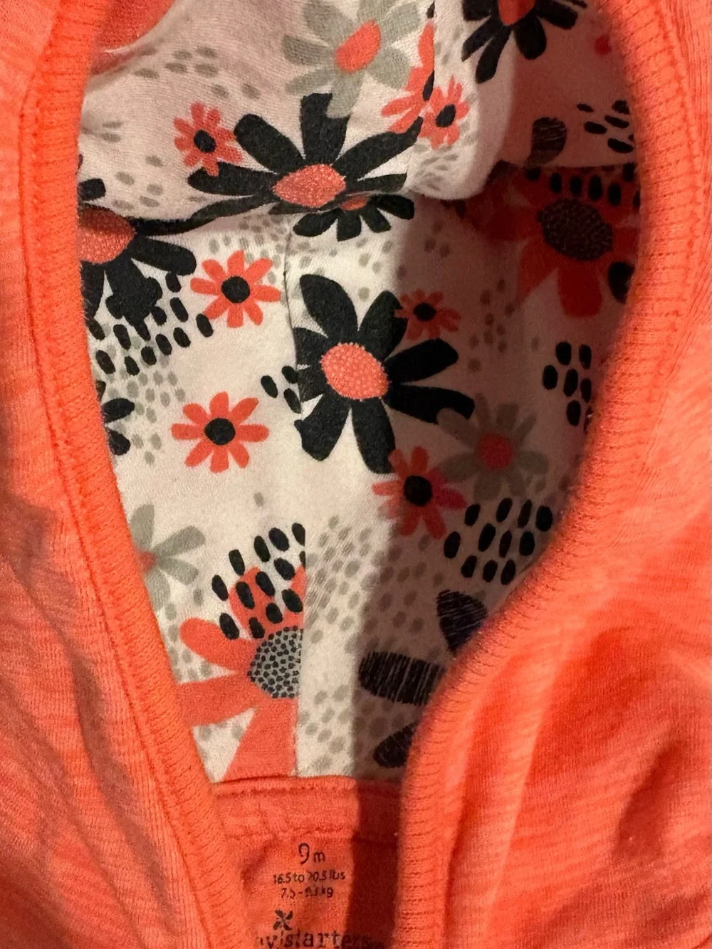 Coral Floral Hooded One-Piece Romper for Babies . Size 9 months